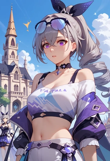 star rail,silver wolf,off-shoulder top,dolphin shorts  - AI generated anime art